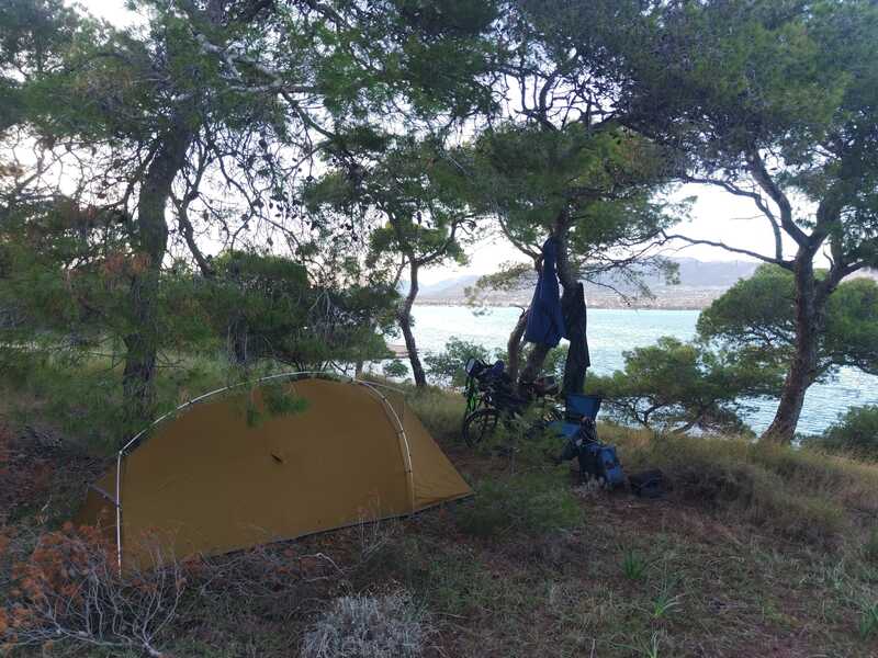 Zelt zwischen Pinien